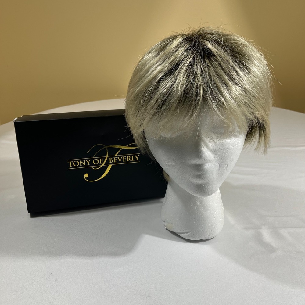 Tony of Beverly Wig Rooted Blonde Silver Mix Short Layered Pixie Modacrylic